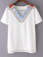 Shein White Dip Hem Sequined V Neck Short Sleeve T-shirt