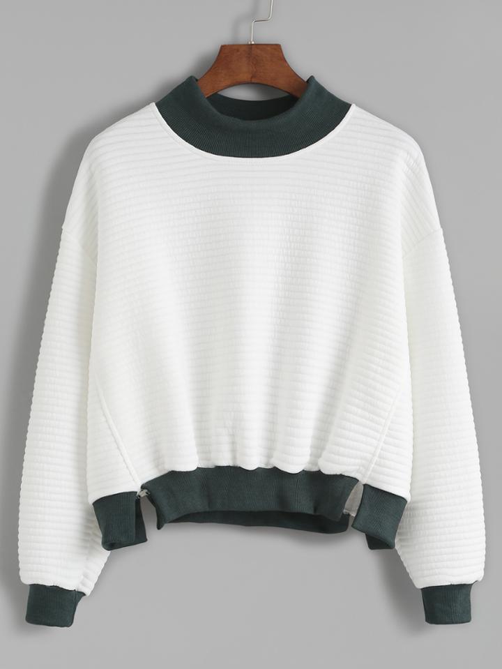 Shein Contrast Trim Mock Neck Slit Striped Texture Sweatshirt