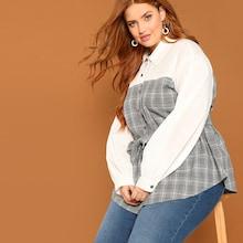 Shein Plus Bow Tie Waist Plaid Shirt
