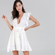Shein Keyhole Back Deep V-neck Solid Dress