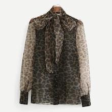 Shein Tie Neck Leopard Print Organza Blouse