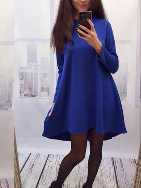Shein Blue Crew Neck Dip Hem Blouse
