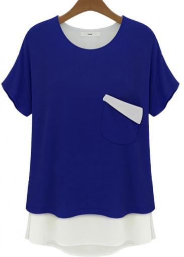 Rosewe Women White And Blue Color Blocking Short Sleeve Tees