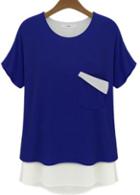 Rosewe Women White And Blue Color Blocking Short Sleeve Tees