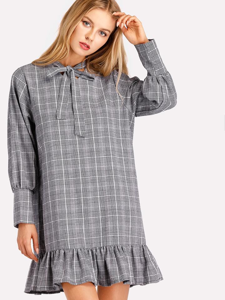 Shein Glen Plaid Bow Tie Neck Pep Hem Dress