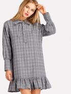 Shein Glen Plaid Bow Tie Neck Pep Hem Dress