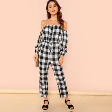 Shein Knot Waist Bishop Sleeve Off Shoulder Plaid Jumpsuit