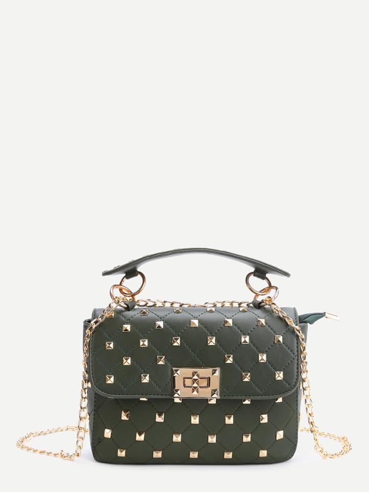 Shein Green Studded Pu Chain Bag With Handle