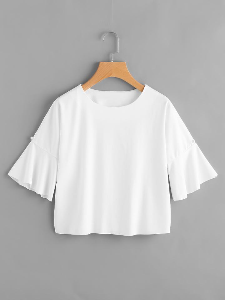 Shein Bell Sleeve Tee With Faux Pearl Detail