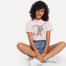 Shein Cartoon Elephant Print Cuffed Tee