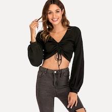 Shein Drawstring Front Bishop Sleeve Crop Tee