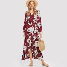 Shein Lantern Sleeve Floral Wrap Dress