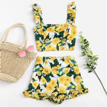 Shein Sunflower Print Ruffle Strap Top & Shorts Set