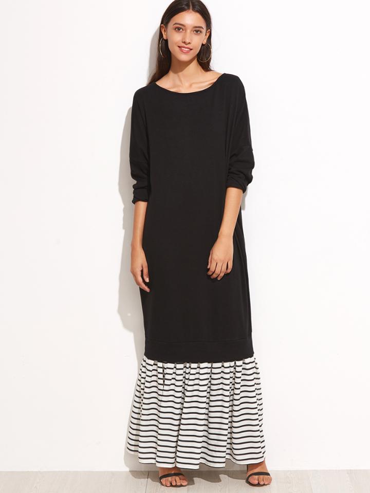 Shein Black Contrast Striped Trim Sweatshirt Dress