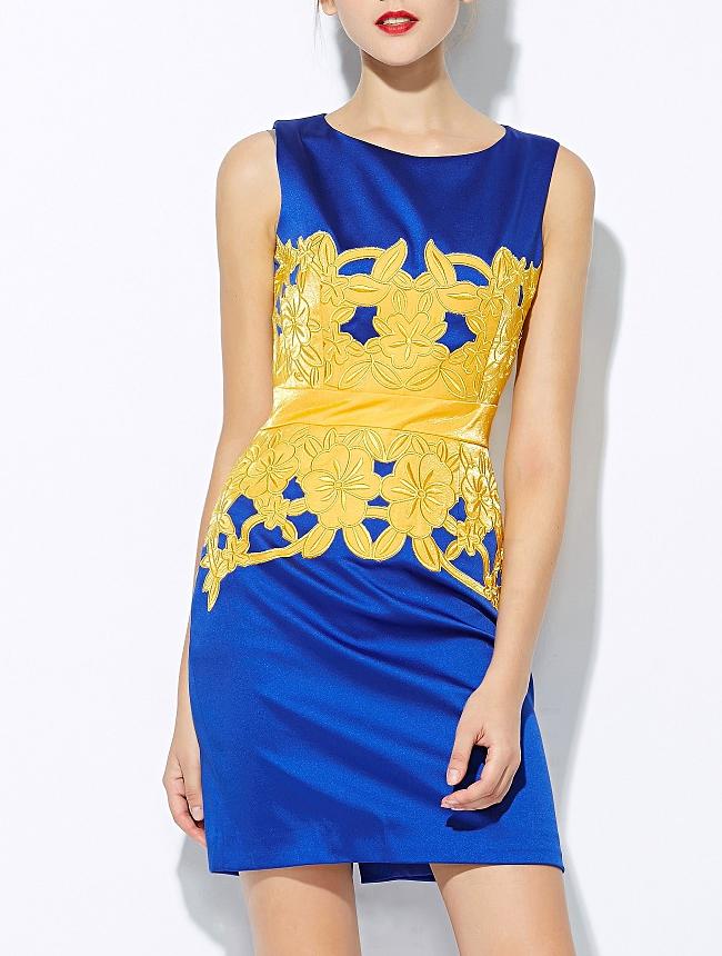 Shein Blue Round Neck Sleeveless Embroidered Dress
