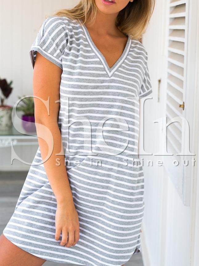 Shein White Grey Stripe V Neck T-shirt
