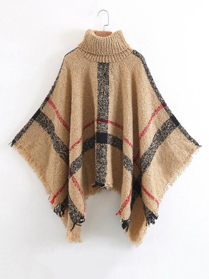 Shein Fringe Trim Plaid Poncho Sweater