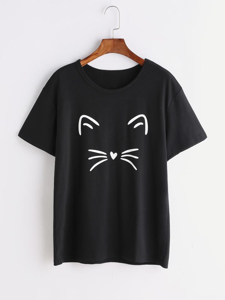 Shein Black Cat Print T-shirt