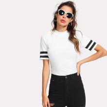 Shein Mock Neck Striped Sleeve Ribbed Tee