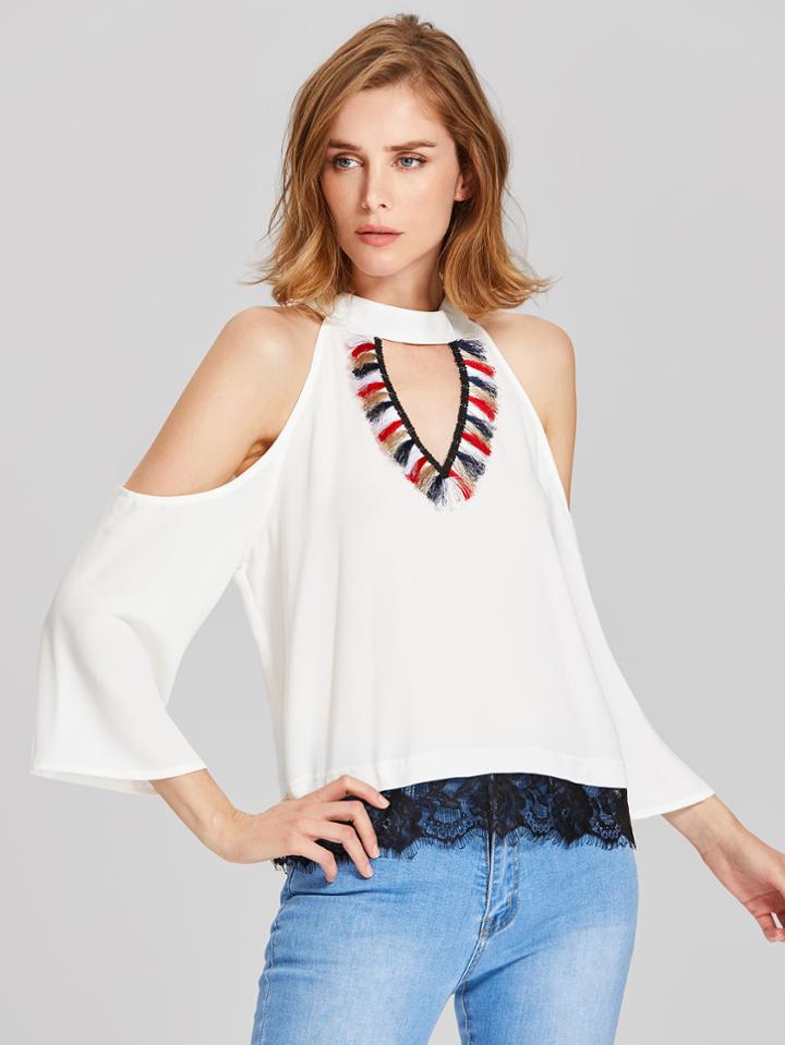 Shein V Cut Open Shoulder Fringe Trim Blouse