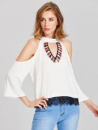 Shein V Cut Open Shoulder Fringe Trim Blouse