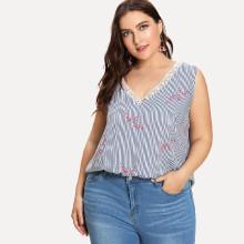 Shein Plus Contrast Lace Trim Mixed Print Shell Top
