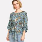 Shein Lantern Sleeve Self Belted Floral Top