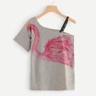 Shein One Shoulder Flamingo Print T-shirt