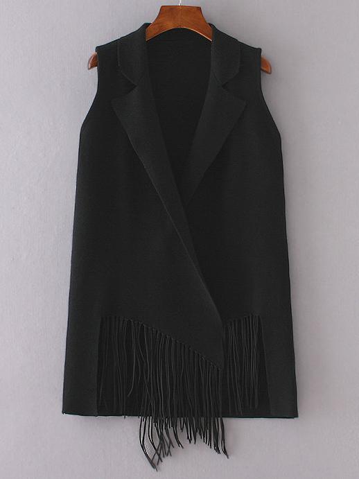 Shein Black Open Front Fringe Sleeveless Cardigan