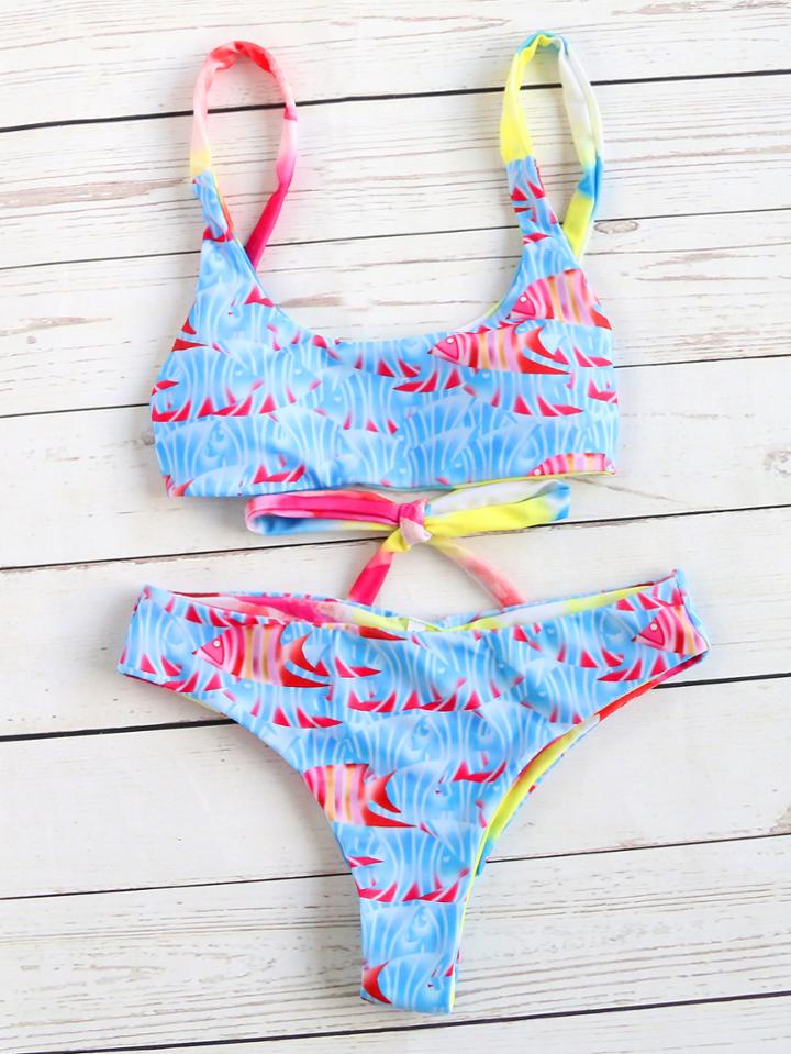 Shein Blue Fish Print Scoop Neck Bikini Set