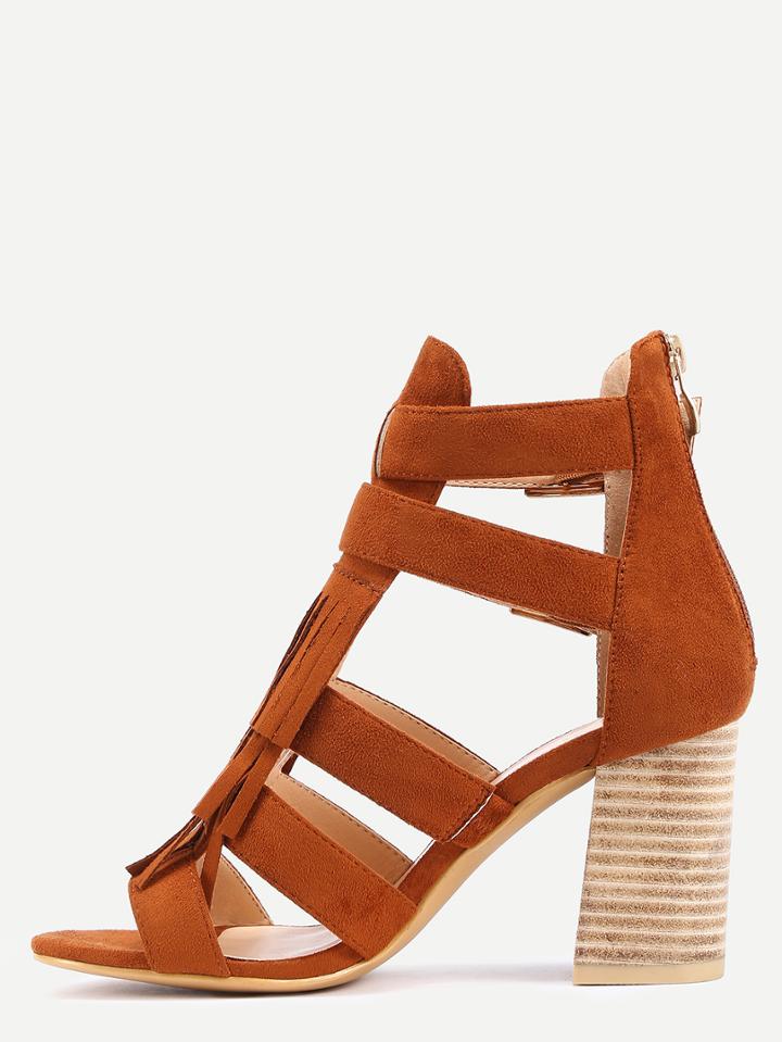 Shein Faux Suede Caged Cork Heel Sandals - Camel