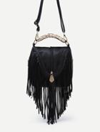 Shein Black Zip Embellished Fringe Trim Flap Bag