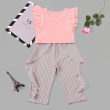 Shein Girls Frill Top With Ruffle Side Striped Pants