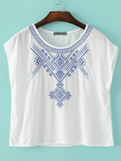 Shein White Cap Sleeve Embroidery T-shirt