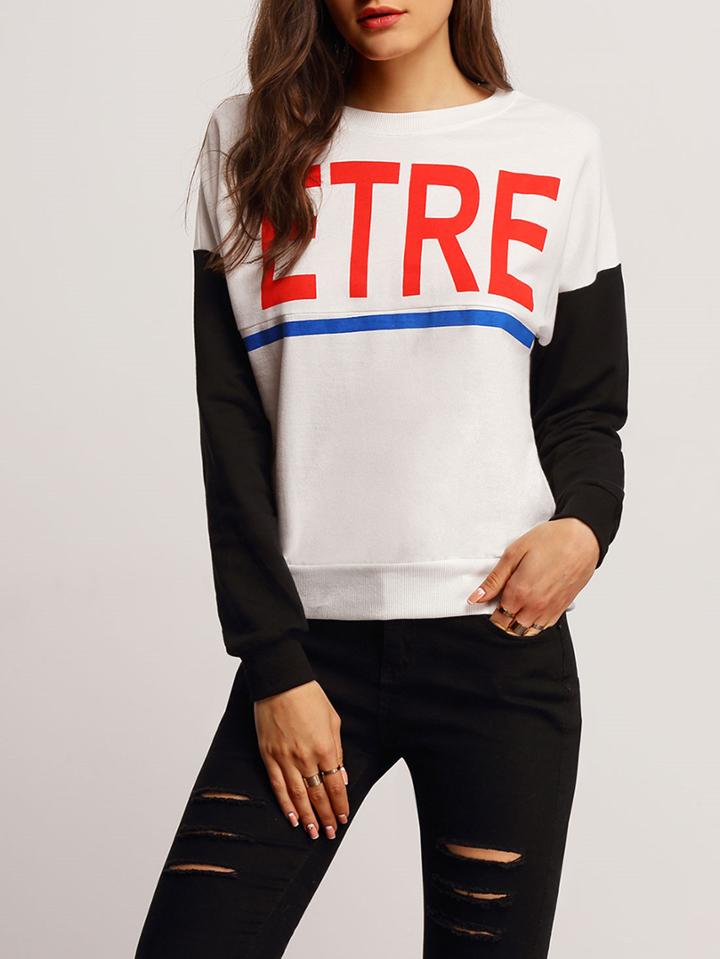 Shein Colour-block Letters Print Loose Sweatshirt