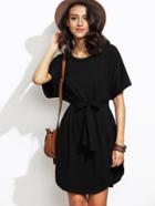 Shein Black Dolman Sleeve Self Tie Curved Hem Dress