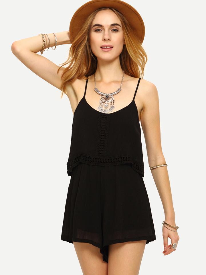 Shein Lace Trimmed Slit Back Layered Cami Romper - Black