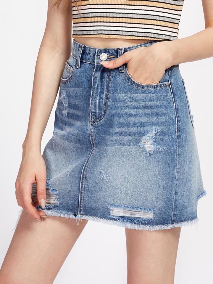 Shein Faded Wash Distressed Denim Skirt