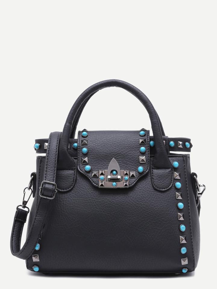 Shein Black Pu Twistlock Closure Studded Handbag With Strap