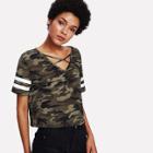Shein Crisscross Neck Striped Sleeve Camo Tee