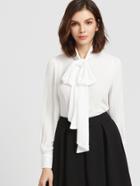 Shein White Bow Tie Neck Curved Hem Blouse