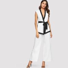Shein Self Belted Surplice Wrap Top And Wide Leg Pants Set