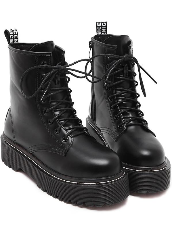 Shein Black Round Toe Thick-soled Lace Up Short Boots