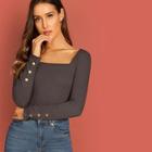 Shein Button Cuff Square Neck Fitted Tee