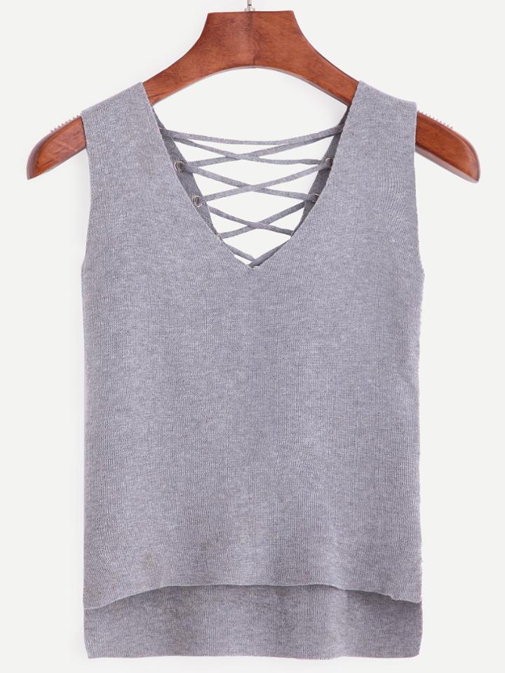 Shein Grey Lace Up High Low Knit Top