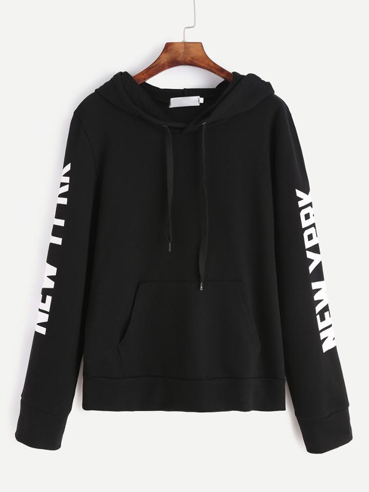 Shein Black Letter Print Drawstring Hooded Sweatshirt