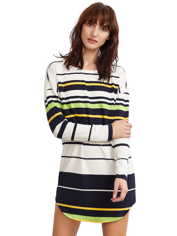 Shein Yellow Striped V Back Curved Hem Dress