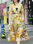 Shein Yellow V Neck Tie-waist Print Dress