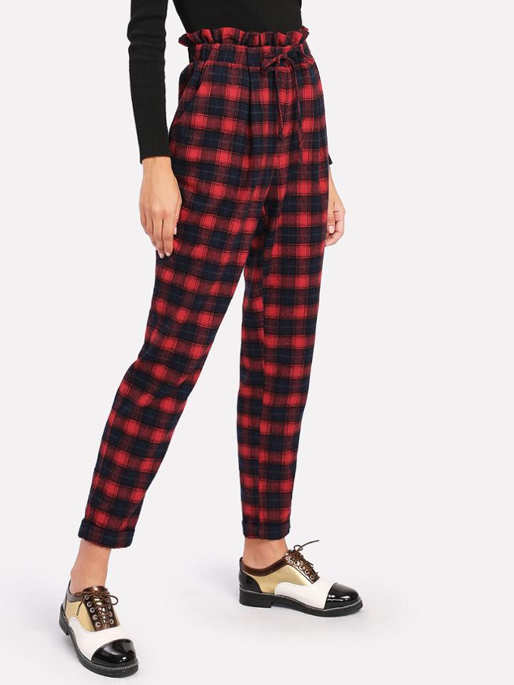 Shein Ruffled Drawstring Waist Plaid Pants