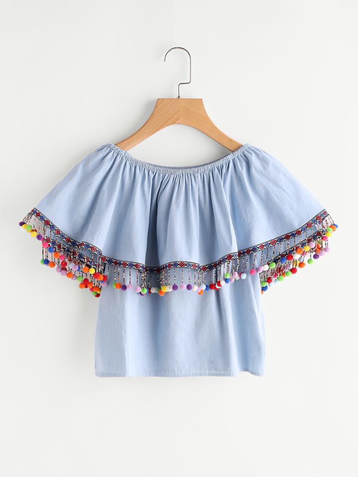 Shein Embroidered Tape Detail Flounce Layered Pom Pom Top